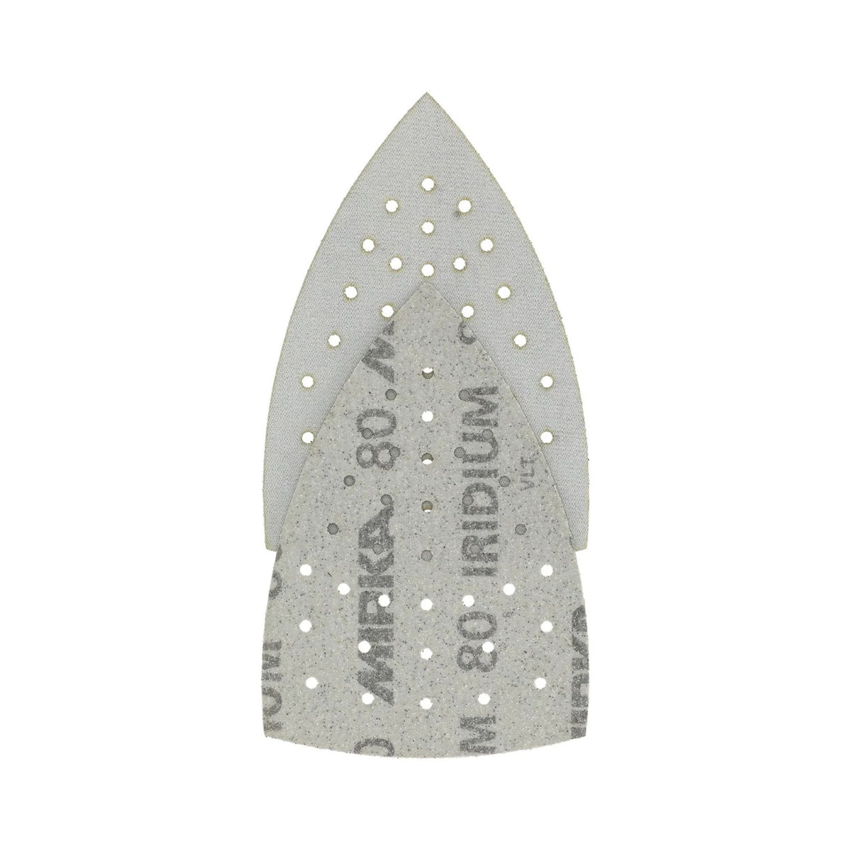 Two DEOS Delta abrasive pads with multi-holes for extraction, stacked with the front blade showing 'Mirka 80 IRIDIUM' text on a white background.