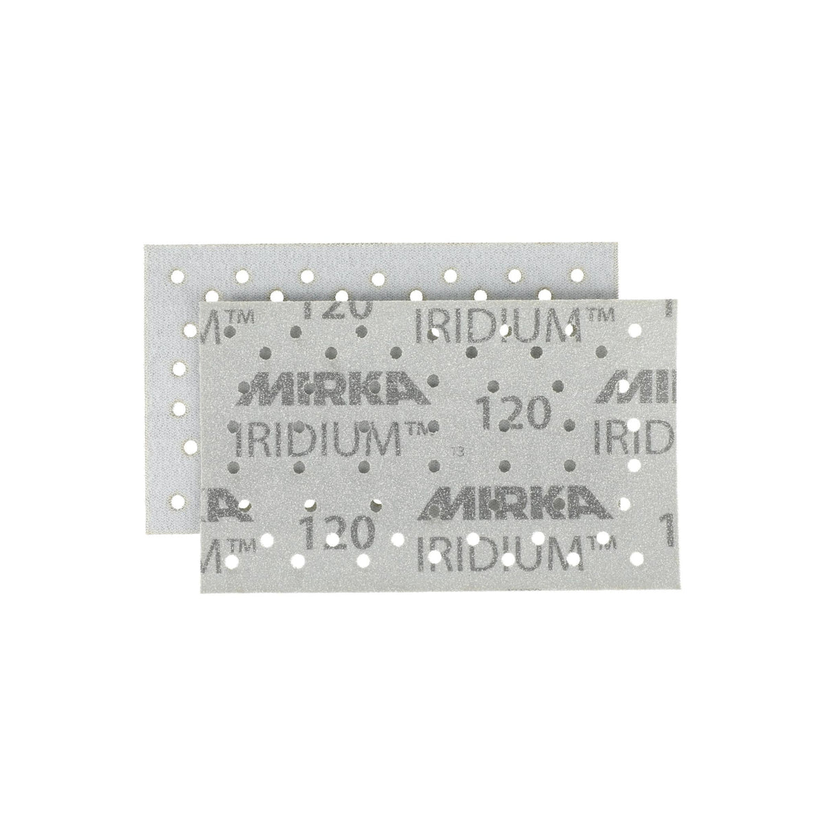 Two Iridium 83 x 133 pads, showing front and back, featuring the 'Mirka Iridium 120' branding, shown against a plain white background.