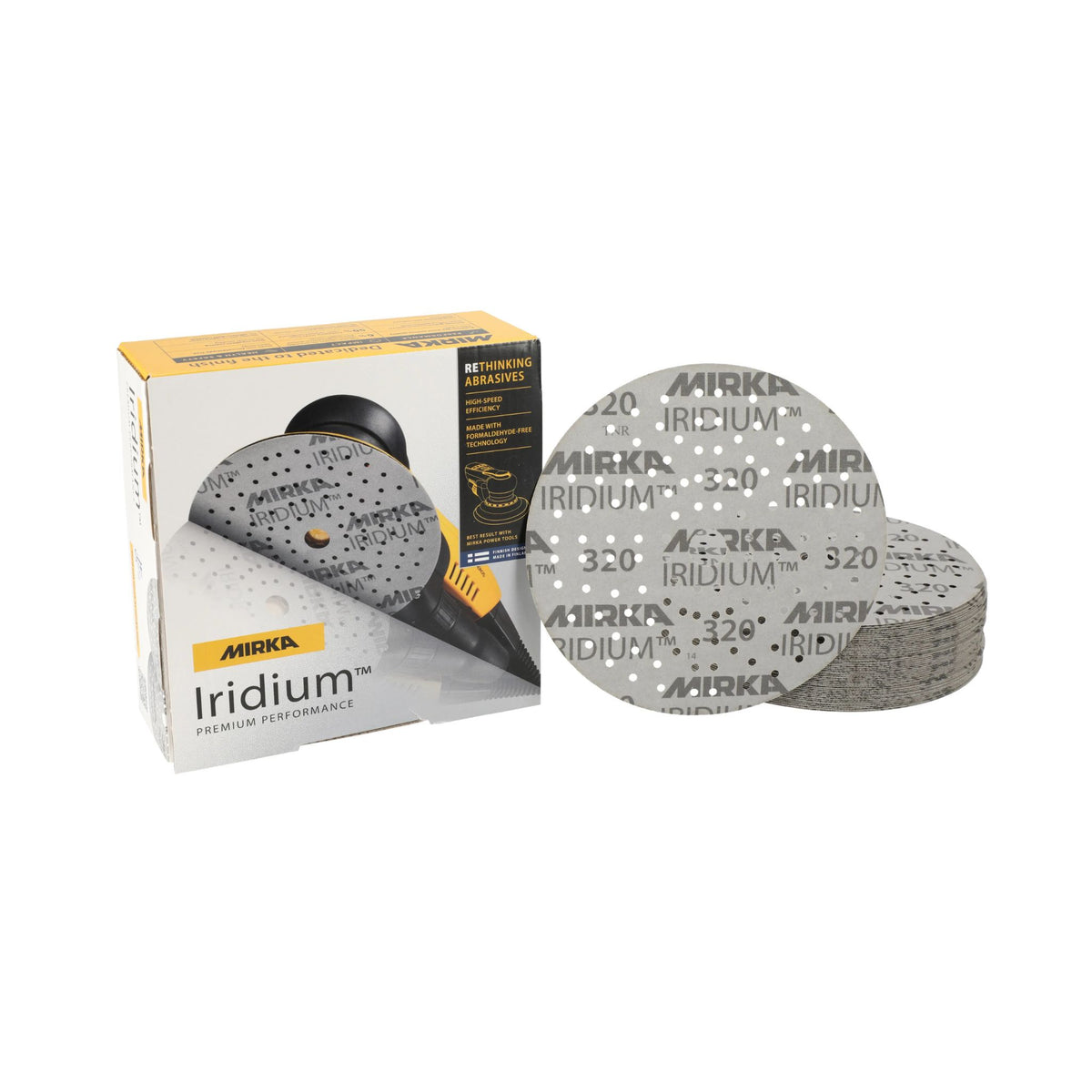 A box of Mirka Iridium Premium Performance abrasives alongside two stacked circular sanding discs, shown on a clean white background.