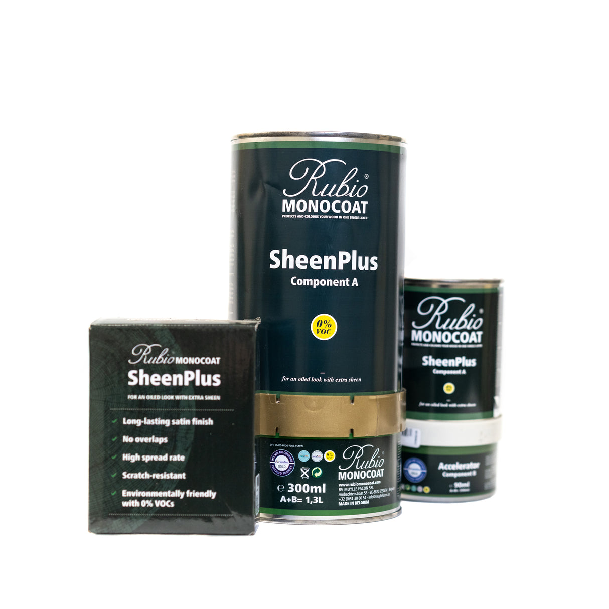 Rubio Monocoat SheenPlus paint components on a white background