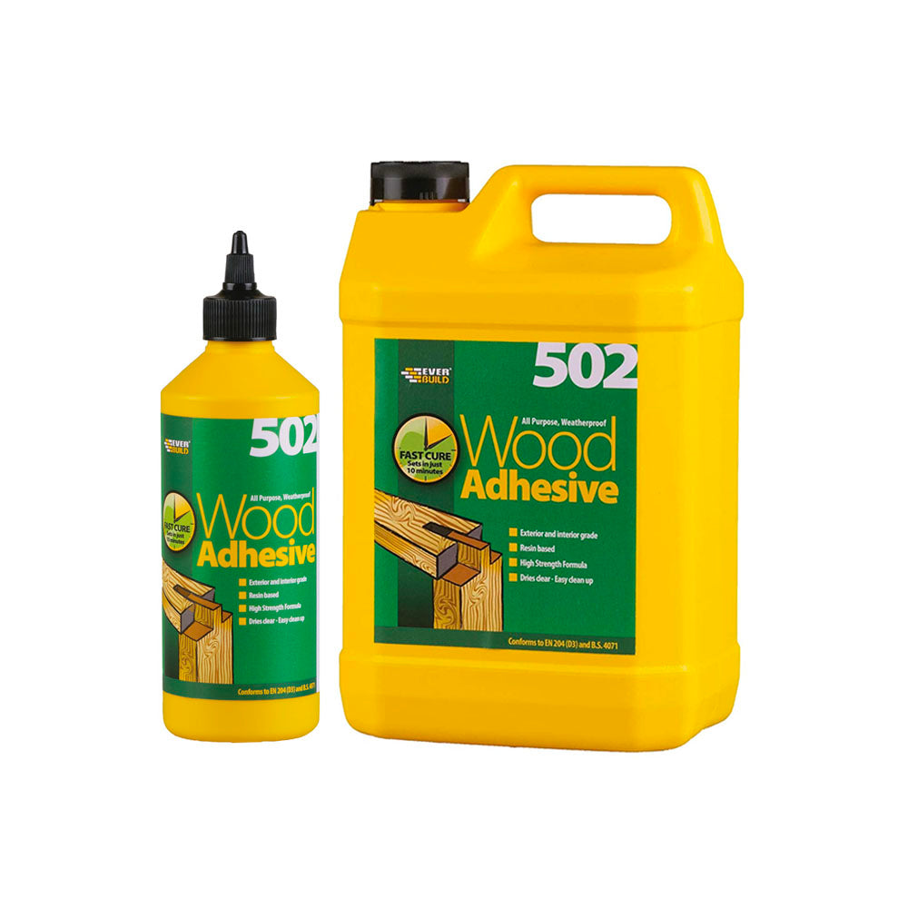 Everbuild 502 D3 PVA Wood Glue. Text on bottles: All purpose, weatherproof. Fast cure sets in 10 minutes. Exterior and interior grade. High strength formula. Dries clear - Easy clean up. Powerful cross linking formula.