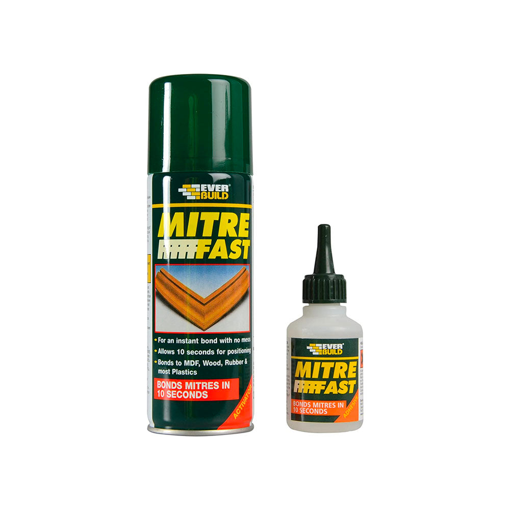 Everbuild Mitre Fast Bonding Kit. 1 x aerosol activator and 1 x bottle of adhesive. Text on activator: For an instant bond with no mess. Allows 10 seconds for positioning. Bonds to MDF, Wood, Rubber & most plastics. Bonds mitres in 10 seconds. Text on adhesive: Bonds mitres in 10 seconds.