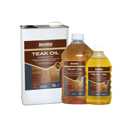 Barrettine Teak Oil Cover photo featuring 5L., 2L and 50ml - nourishes and protects oily and dense woods