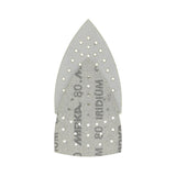 Two DEOS Delta abrasive pads with multi-holes for extraction, stacked with the front blade showing 'Mirka 80 IRIDIUM' text on a white background.