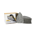 A stack of gray DEOS Delta abrasive pads with multi-holes for extraction, shown next to their white and yellow Mirka Iridium packaging box on a white background.