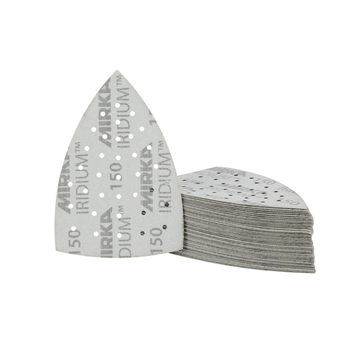 A stack of triangular DEOS Delta abrasive pads with multi-holes for extraction with one disc standing upright in front. The discs are light gray with dark gray printed text reading 'MIRKA IRIDIUM 150'. On clean white background.