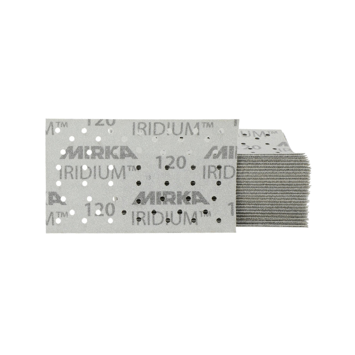 A stack of Mirka Iridium 83 x 133mm sanding pads, showing the textured gray abrasive sheets and multi-hole backing on a plain white background.