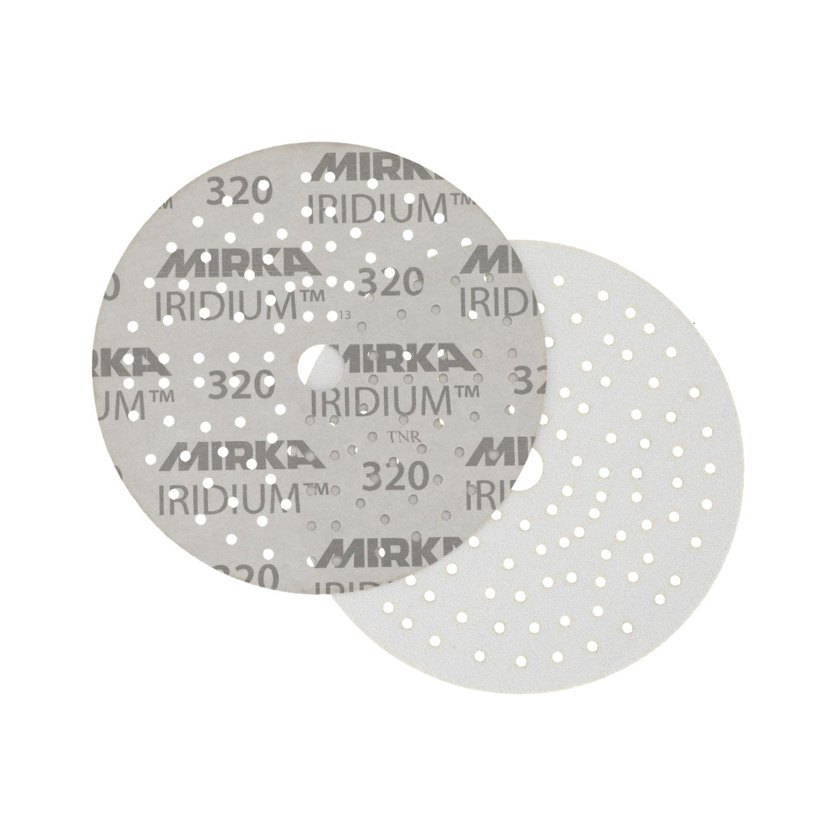 Mirka Iridium 150mm sanding discs on white background - also shows the backside hook and loo
