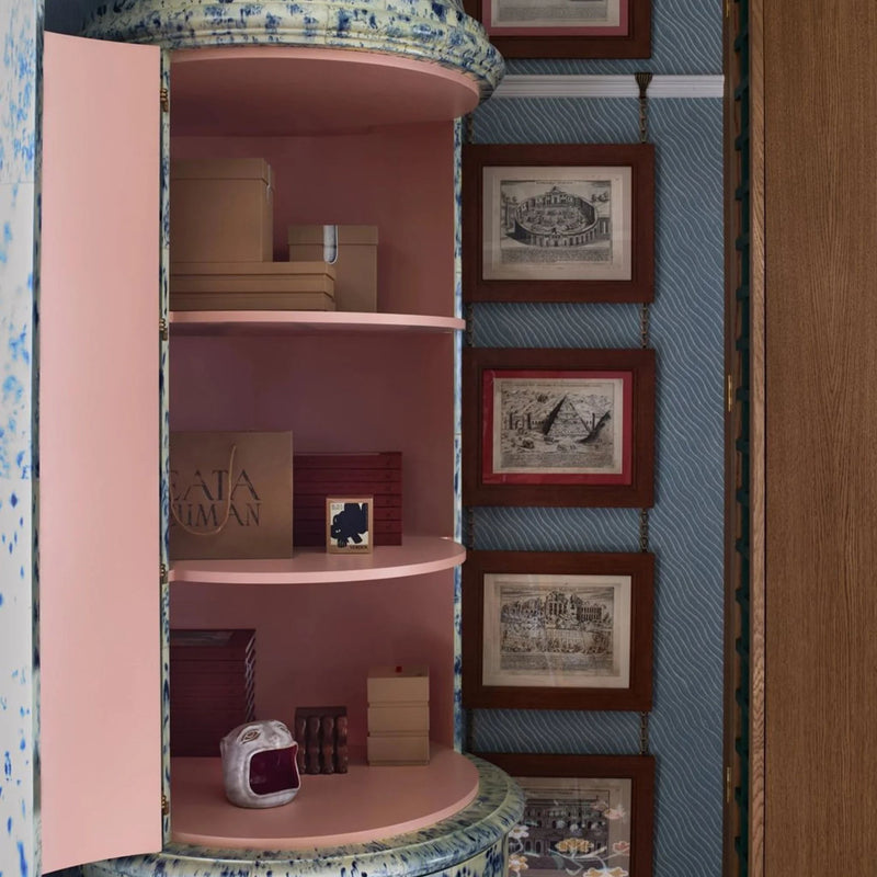Cabinet interior painted in Mylands Beata Heuman Collection Mormor ZaZa
