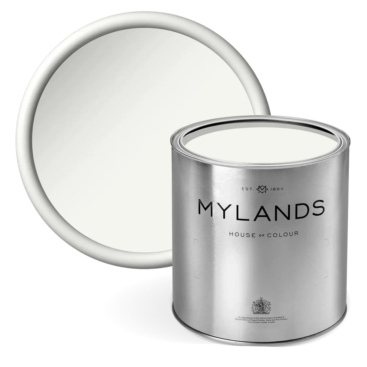 Mylands Pure White No.01 paint swatch and tin