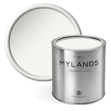 Mylands Pure White No.01 paint swatch and tin