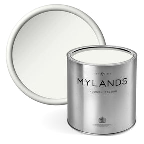 Mylands Pure White No.01 paint swatch and tin