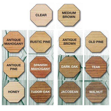 A product display showing twelve octagonal wooden sample plaques arranged in a grid, labeled with different wood finishes and types including Clear, Medium Brown, Antique Mahogany, Rustic Pine, Antique Brown, Old Pine, Antique Pine, Spanish Mahogany, Dark Oak, Teak, Honey, Tudor Oak, Jacobean, and Walnut.
