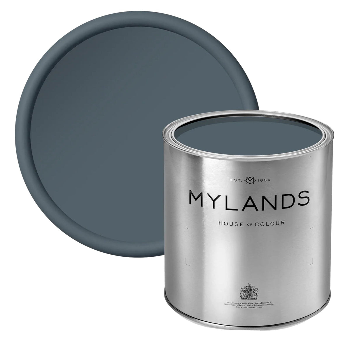 Mylands Beata Heuman Collection Thunder tin and swatch product shot