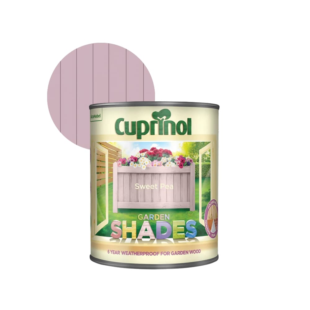 Photo shows 1 litre tin of Cuprinol Garden Shades in  Sweet Pea 