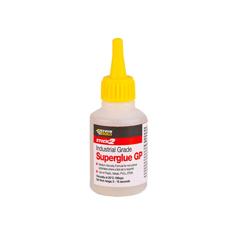 Everbuild Industrial Superglue 50g.  Text on bottle:  Industrial Grade Superglue GP.  Medium Viscosity formula for non-porous substrates where a fast set is required.  Use on plastics, metals PVCu, EPDM.  